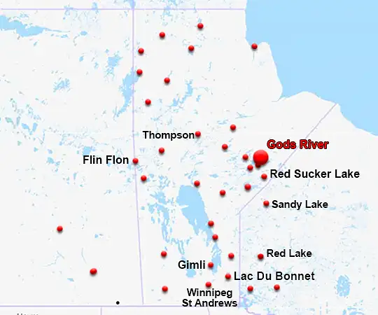 Map showing the location of Gods River in northern Manitoba
